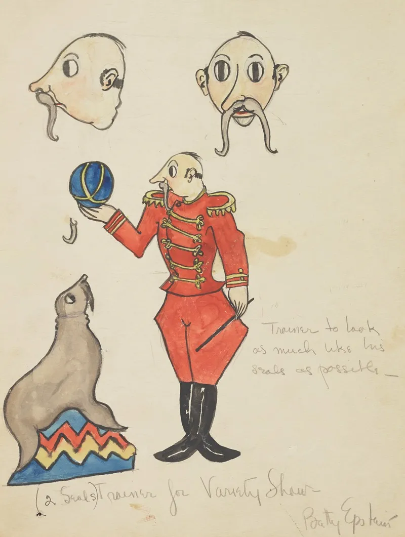 String Fevermarionette Grey Seal Seal Trainer With Red Military Uniform Ball And Stick Wall Art by Betty Epstein - High-Resolution Digital Print