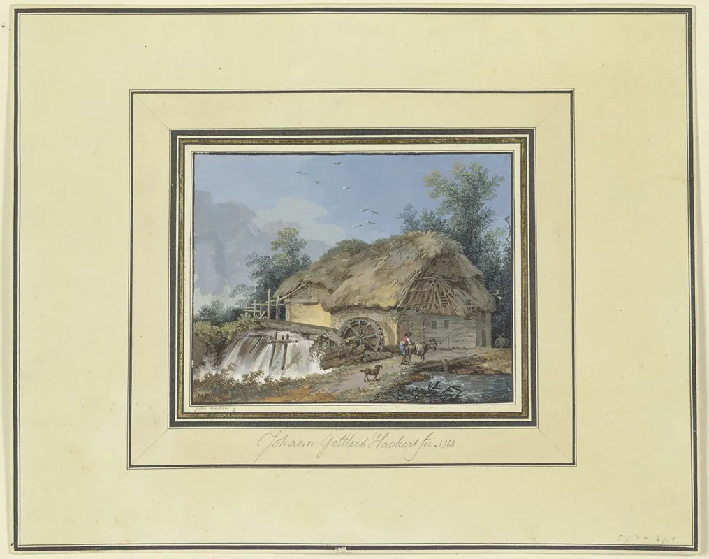 Strohgedeckte Wassermuhle Zu Der Ein Bauer Mit Esel Und Hund Kommt Wall Art by Johann Gottlieb Hackert - High-Resolution Digital Print