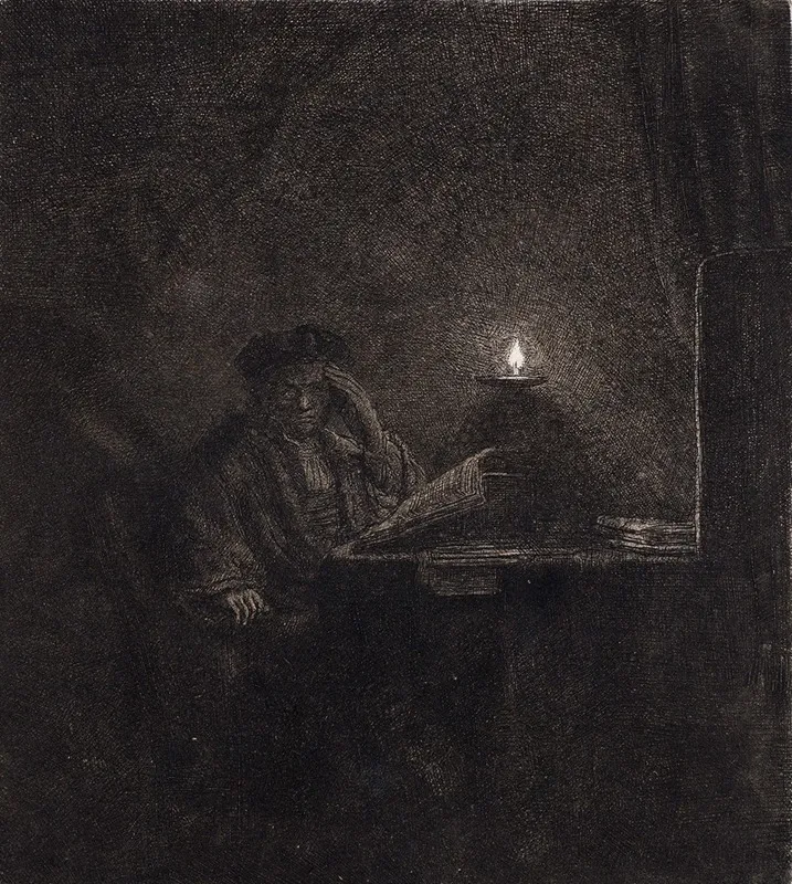 Student At A Table By Candlelight Wall Art by Rembrandt van Rijn - High-Resolution Digital Print
