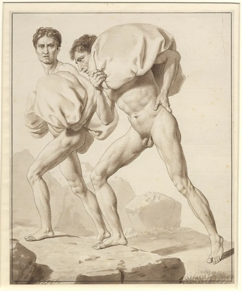 Studie Af To Nogne Maend Belaessede Med Byrder Pa Vej Op Ad Et Bjerg Wall Art by Christoffer Wilhelm Eckersberg - High-Resolution Digital Print