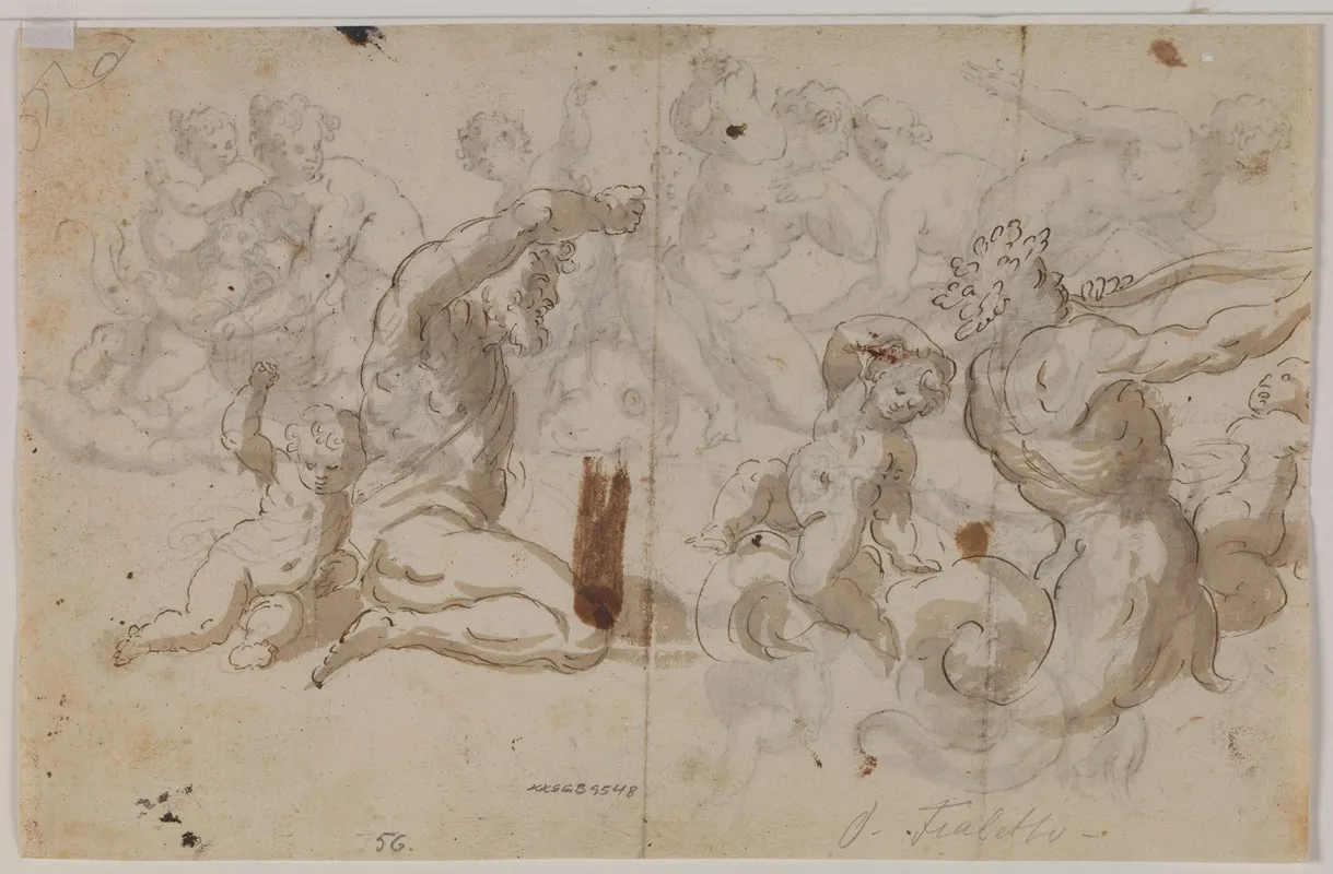 Studie Til En Triton Med To Putti Og Et Andet Til Neptun Med En Putto Wall Art by Giuseppe Alabardi - High-Resolution Digital Print