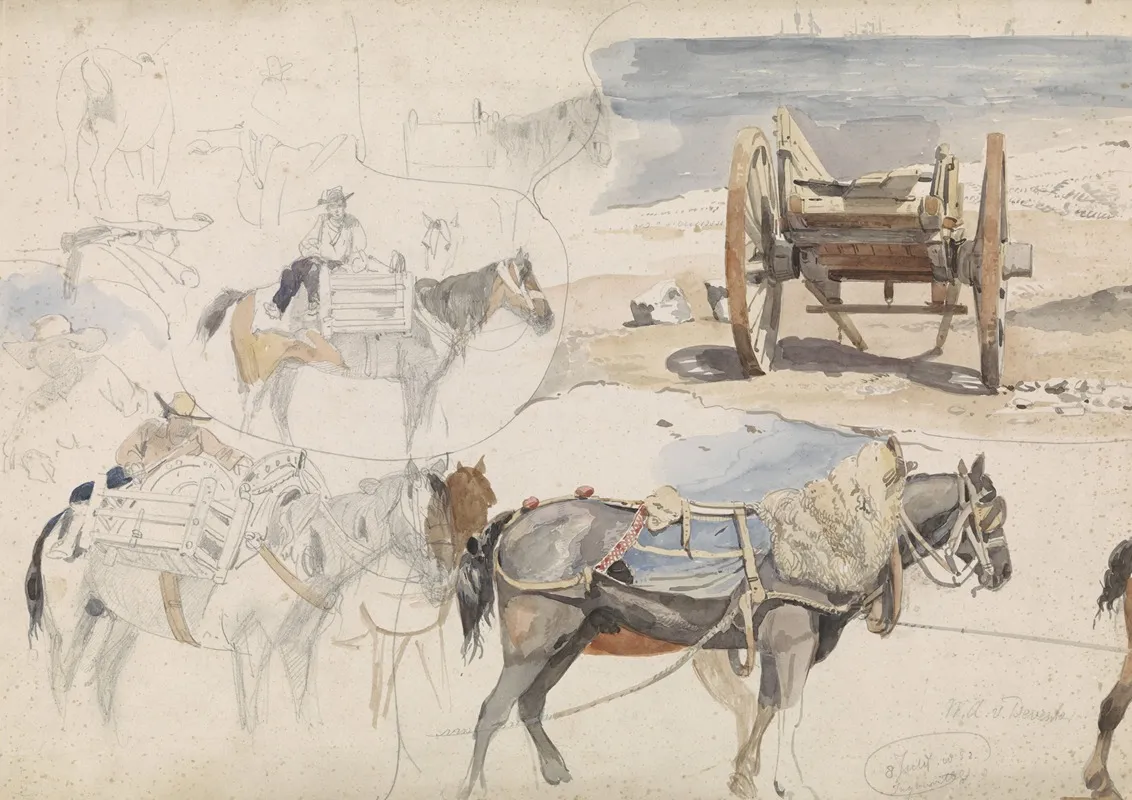 Studieblad Met Schelpenkar Op Het Strand En Diverse Studies Van Paarden