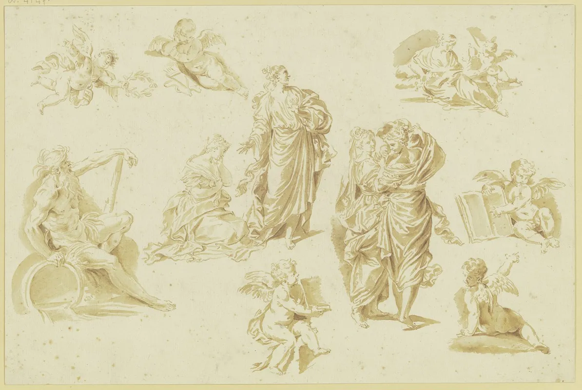 Studienblatt Amoretten Und Weibliche Figuren Links Ein Flusgott