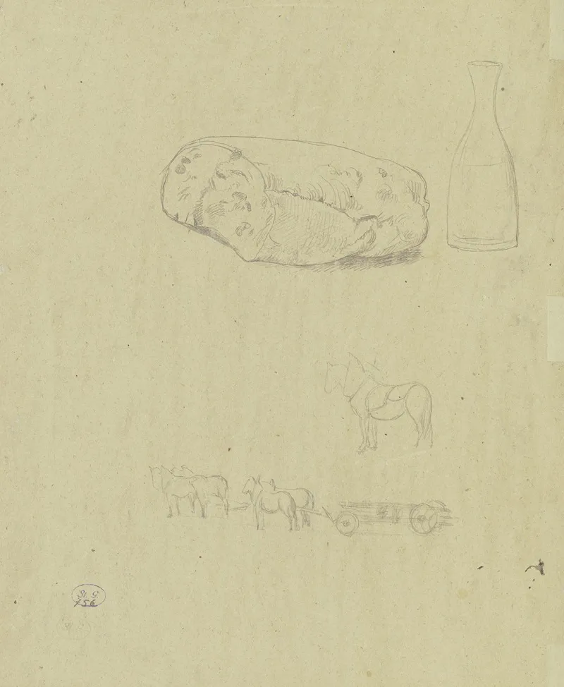 Studienblatt Brot Flasche Und Eine Bespannte Pferdekutsche Wall Art by Hans Thoma - High-Resolution Digital Print
