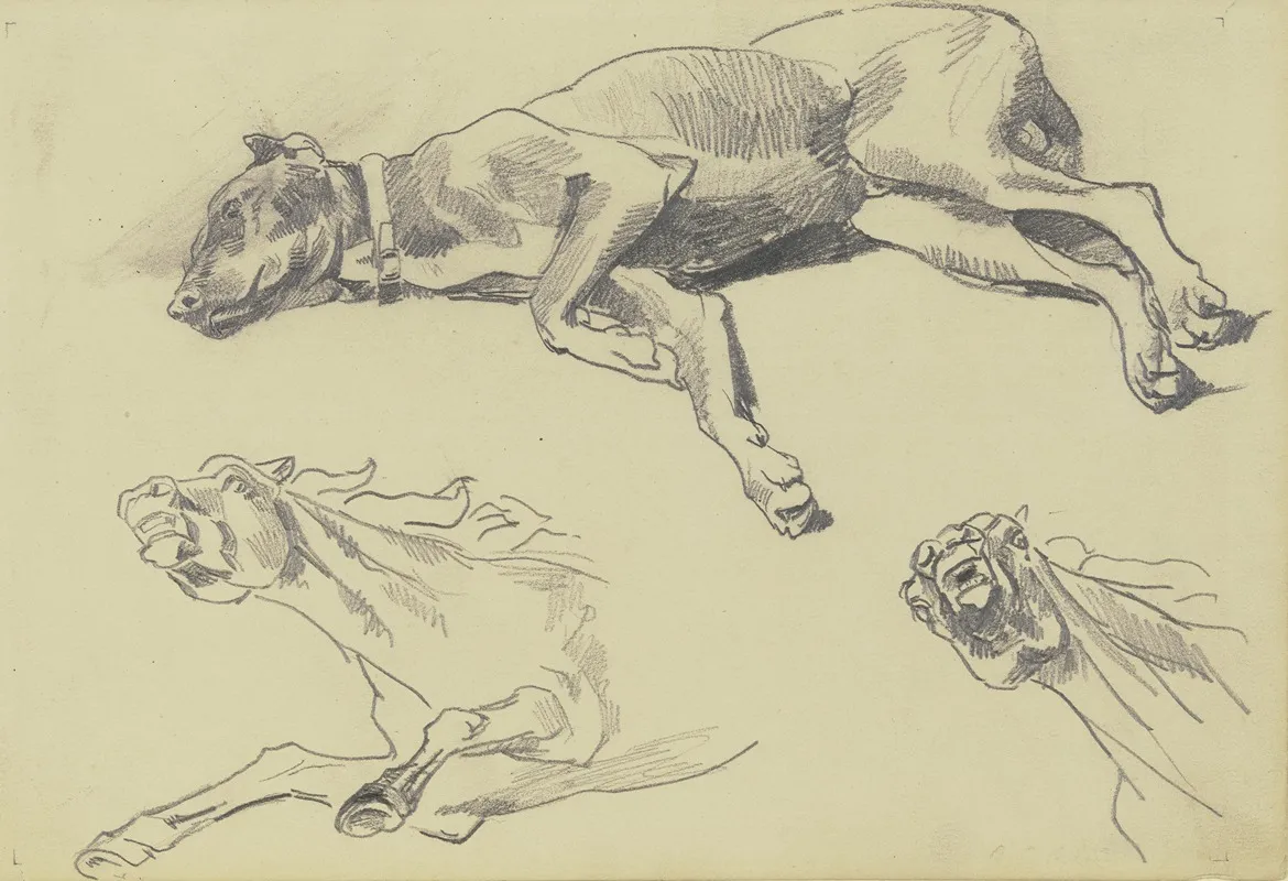 Studienblatt Die Dogge Casar Auf Der Seite Liegend Nach Links Schlafend Darunter Zwei Pferdestudien In Starker Untersicht Wall Art by Wilhelm Trübner - High-Resolution Digital Print