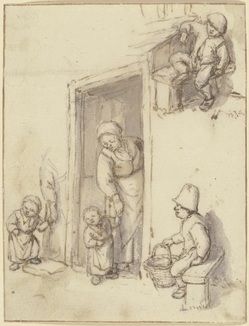 Studienblatt Eine Mutter Und Ihre Tochter In Der Haustur Ein Madchen An Der Hand Der Mutter Und Zwei Sitzende Jungen Wall Art by Adriaen van Ostade - High-Resolution Digital Print