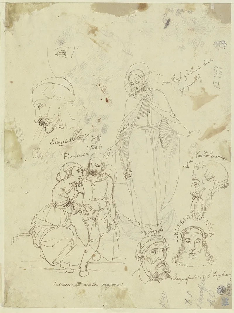 Studienblatt Figuren Und Kopfe Wall Art by Johann Evangelist Scheffer von Leonhardshoff - High-Resolution Digital Print