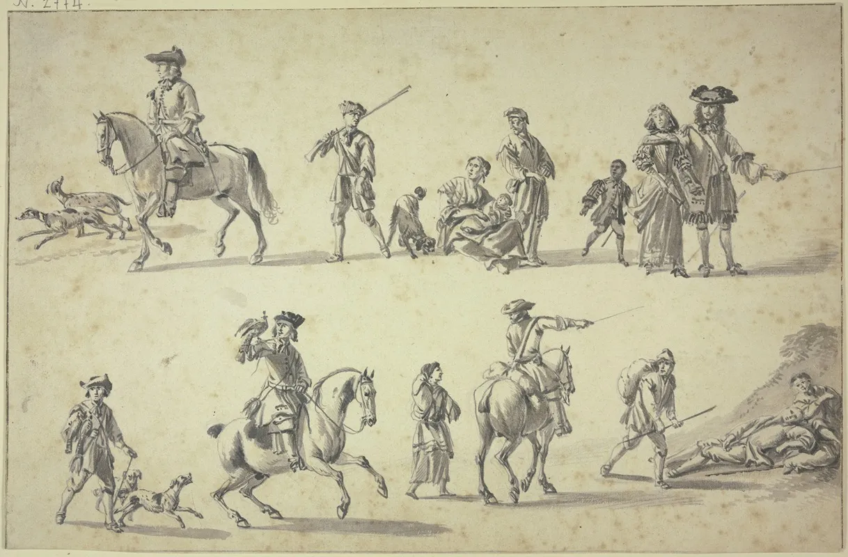 Studienblatt Figuren Zu Pferde Und Zu Fuse Unten Links Ein Berittener Falkner Wall Art by Hendrik Verschuring - High-Resolution Digital Print