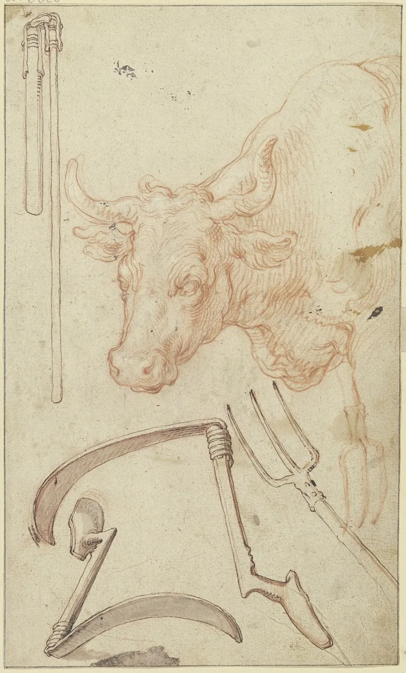 Studienblatt Landwirtschaftliche Gerate Und Ein Stierkopf Wall Art by Abraham Bloemaert - High-Resolution Digital Print