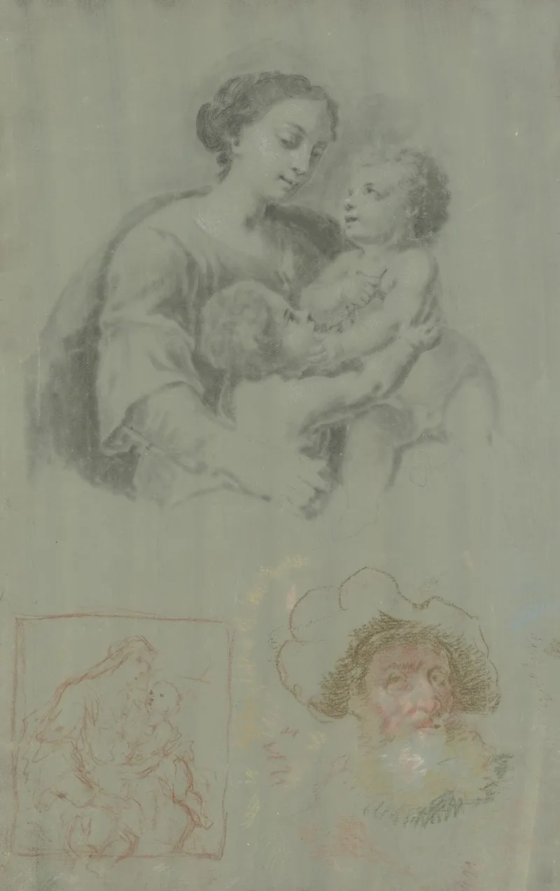 Studienblatt Mit Einer Madonna Mit Dem Kind Und Dem Johannesknaben Dazu Ein Bartiger Mann Mit Mutze