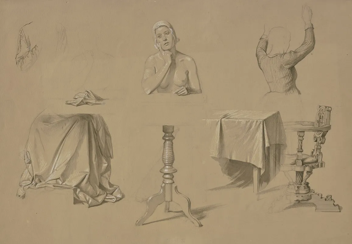 Studienblatt Weiblicher Halbakt Frau Mit Erhobenen Armen Faltenstudien Tisch Und Lehnstuhl Wall Art by Josef Ferdinand Becker - High-Resolution Digital Print