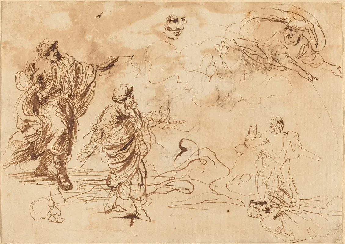 Studies For A Biblical Scene With God The Father Appearing To A Bearded Male Figure Wall Art by Roman 17th Century - High-Resolution Digital Print