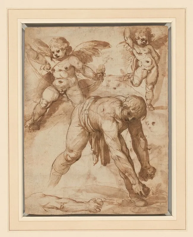 Studies Of A Figure Bending Over Two Putti And An Arm Wall Art by Cesare Rossetti - High-Resolution Digital Print