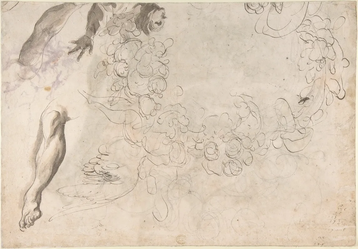 Studies Of A Figure With Left Arm Upraised A Leg And Putti With Foliage Wall Art by Paolo Pagani - High-Resolution Digital Print