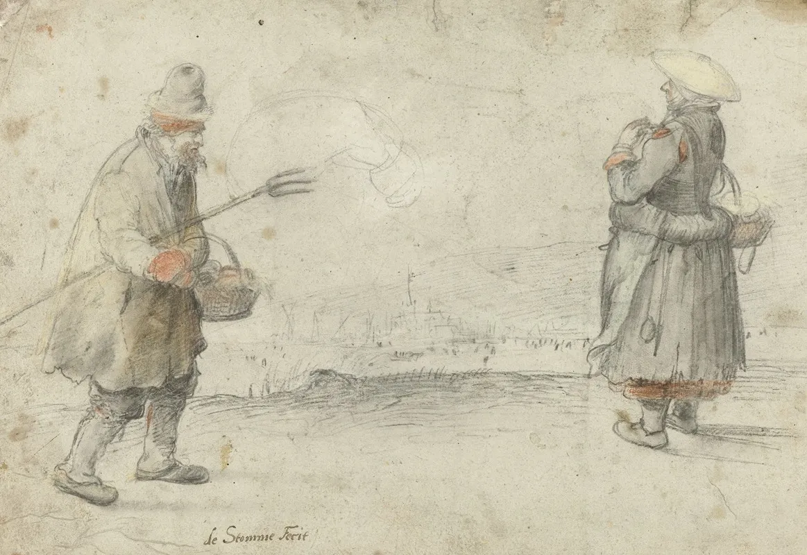 Studies Of A Man And A Woman Standing On The Bank Of A Frozen River With A Town In The Distance