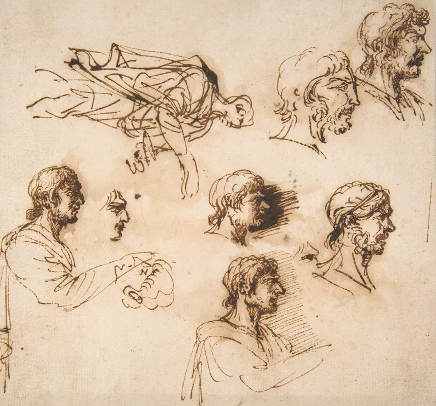 Studies Of A Mans Head In Profile And Of A Standing Male Figure Wall Art by Salvator Rosa - High-Resolution Digital Print