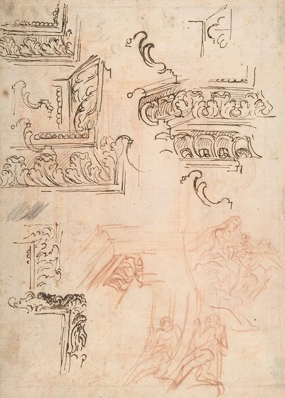 Studies Of Architectural Moldings Of The Virgin And Child With A Kneeling Saint And Of Two Angels Supporting Frames Wall Art by Baldassarre Franceschini - High-Resolution Digital Print