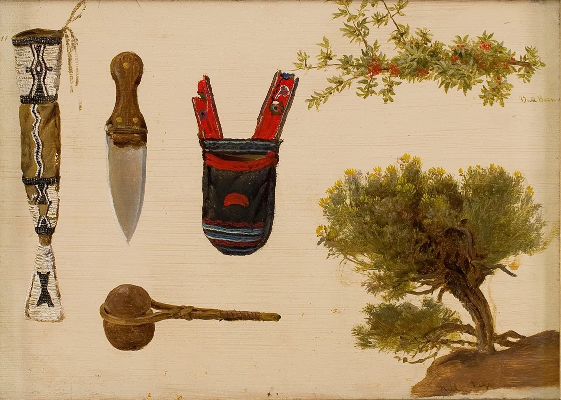Studies Of Beaded Scabbard And Knife Decorated Pouch Stone Axe Branch Of Bull Berry And Hill Sage Wall Art by Charles Ferdinand Wimar - High-Resolution Digital Print