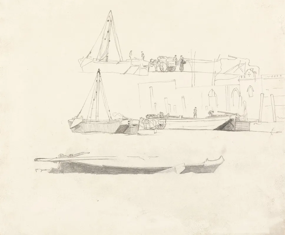 Studies Of Boats Figures Carts And Buildings
