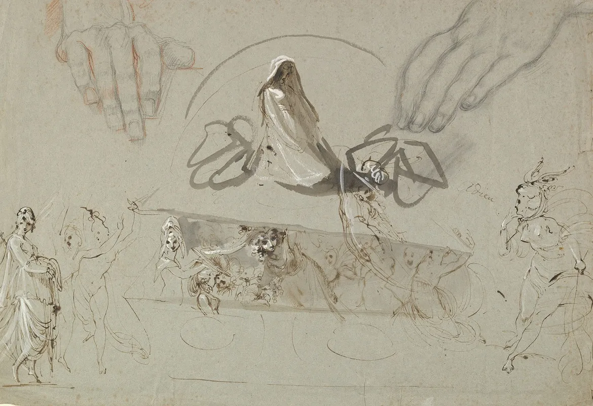 Studies Of Fairies With A Pair Of Hands Possibly Representing The Opening Of Pandoras Box Wall Art by William Lock the Younger - High-Resolution Digital Print