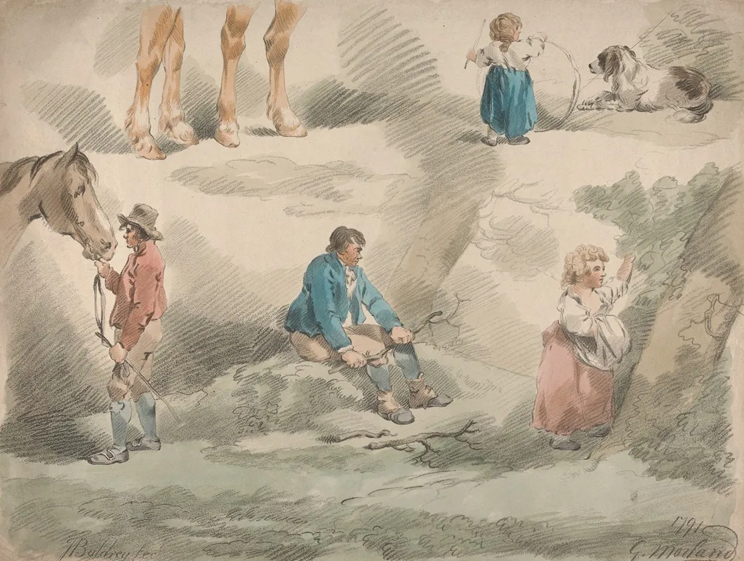 Studies Of Girls One Playing With Hoop One Picking Berries Man And Horse Etc Wall Art by George Morland - High-Resolution Digital Print