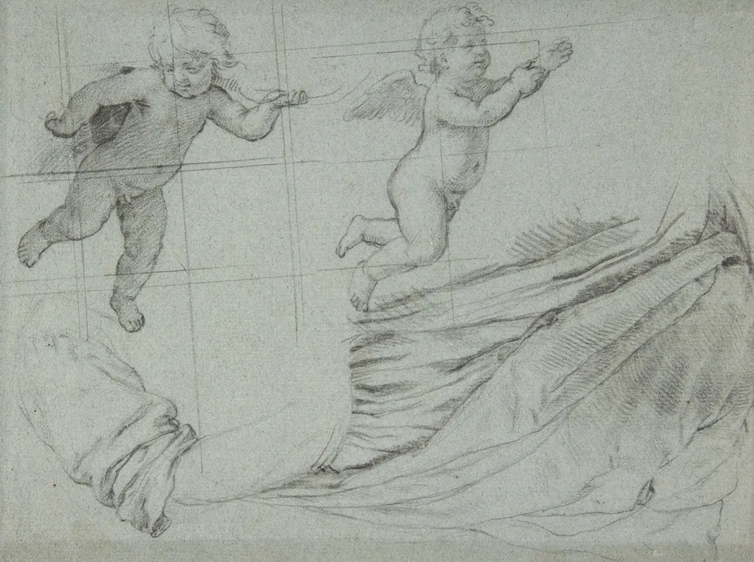 Studies Of Two Flying Putti And Of Drapery Wall Art by Giovanni Battista Salvi da Sassoferrato - High-Resolution Digital Print