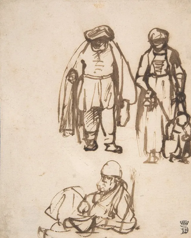 Studies Of Two Men And A Woman Teaching A Child To Walk Wall Art by Nicolaes Maes - Canvas Print