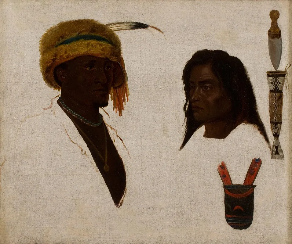 Studies Of Two Native Americans Knife And Beaded Scabbard Decorated Pouch Wall Art by Charles Ferdinand Wimar - High-Resolution Digital Print