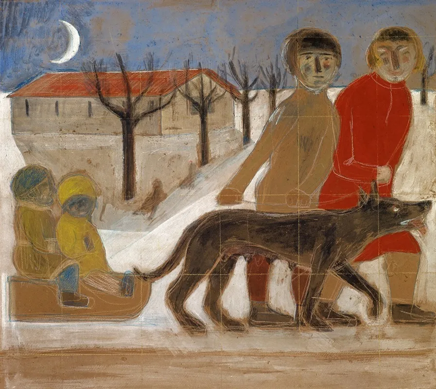 Study For A Mural Children With Sledges Wall Art by Paul Wilde - High-Resolution Digital Print