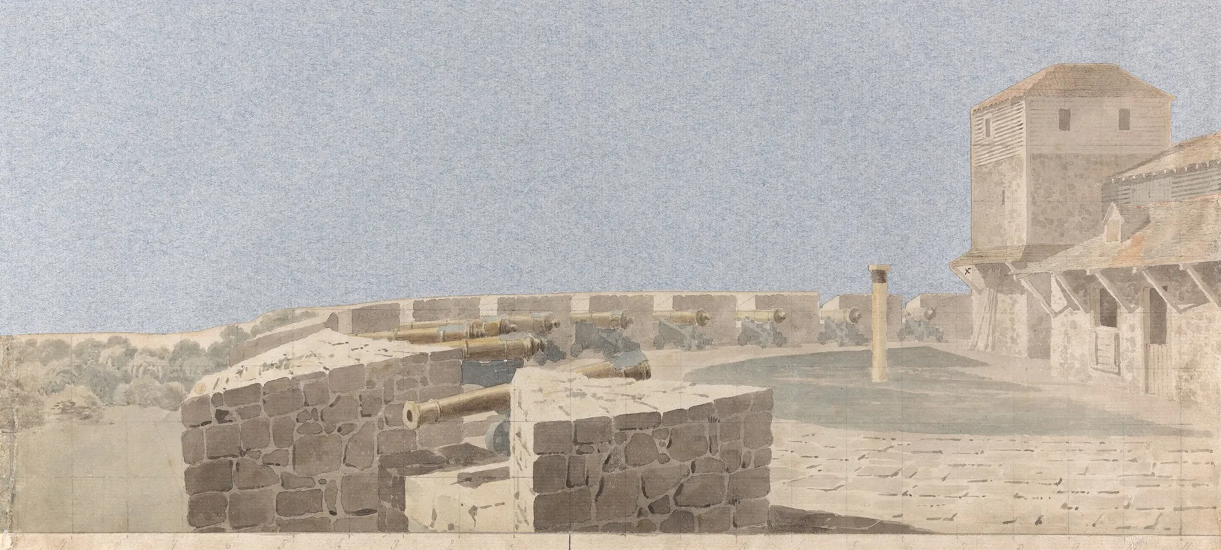 Study For A Stage Set A Fortress With Cannon And Buildings