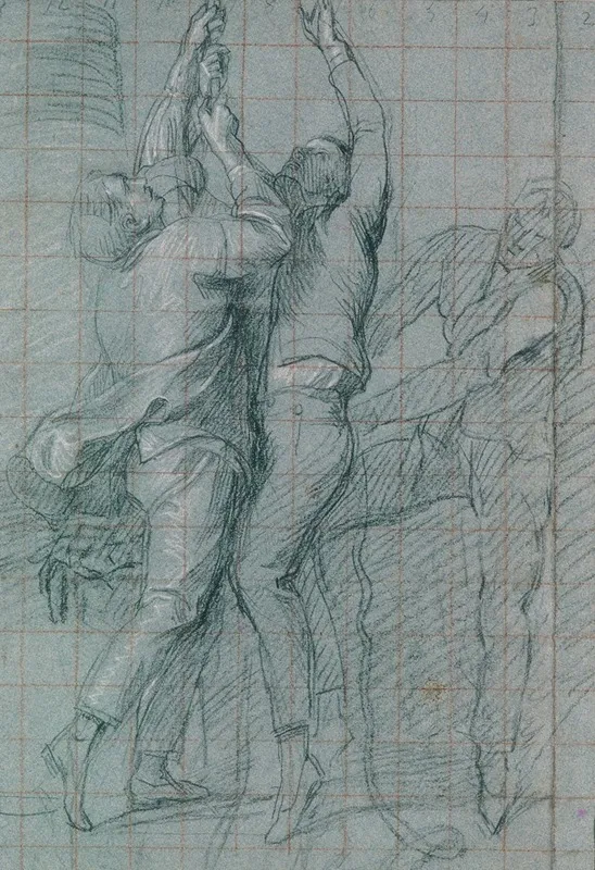 Study For The Surrender Of The Dutch Admiral De Winter To Admiral Duncan October 11 1797 Three Figures Raising The Colors Wall Art by John Singleton Copley - High-Resolution Digital Print