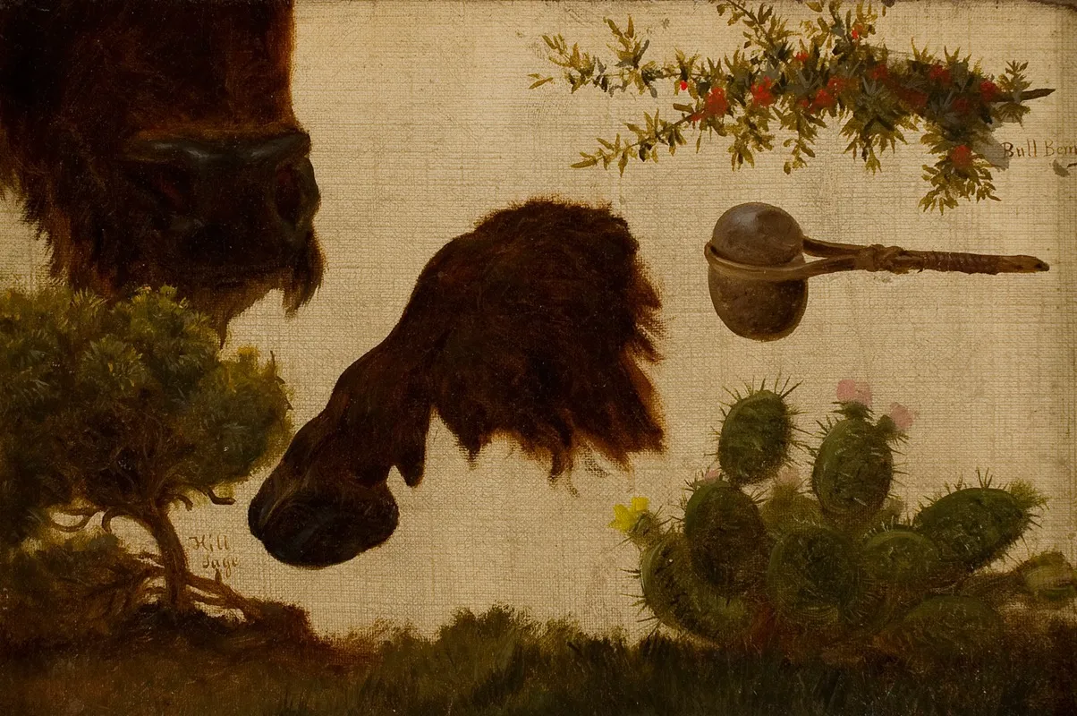 Study For The Wounded Buffalo Hill Sage Buffalo Head And Hoof Bull Berry Stone Axe And Cactus Wall Art by Charles Ferdinand Wimar - High-Resolution Digital Print