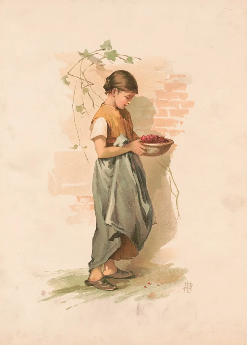 Study Girl Carrying Dish Of Berries 2 Wall Art by Lizbeth Bullock Humphrey - High-Resolution Digital Print