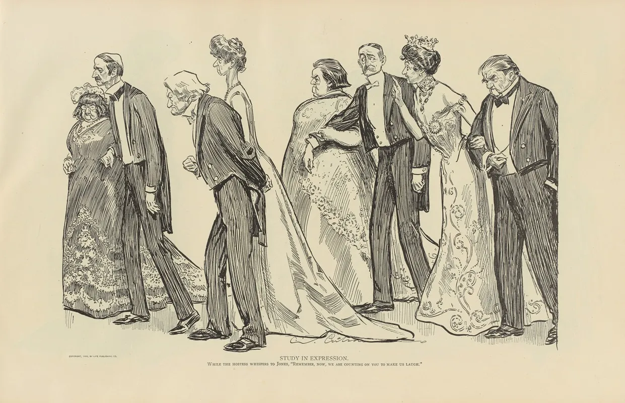 Study In Expression While The Hostess Whispers To Jones Wall Art by Charles Dana Gibson - High-Resolution Digital Print