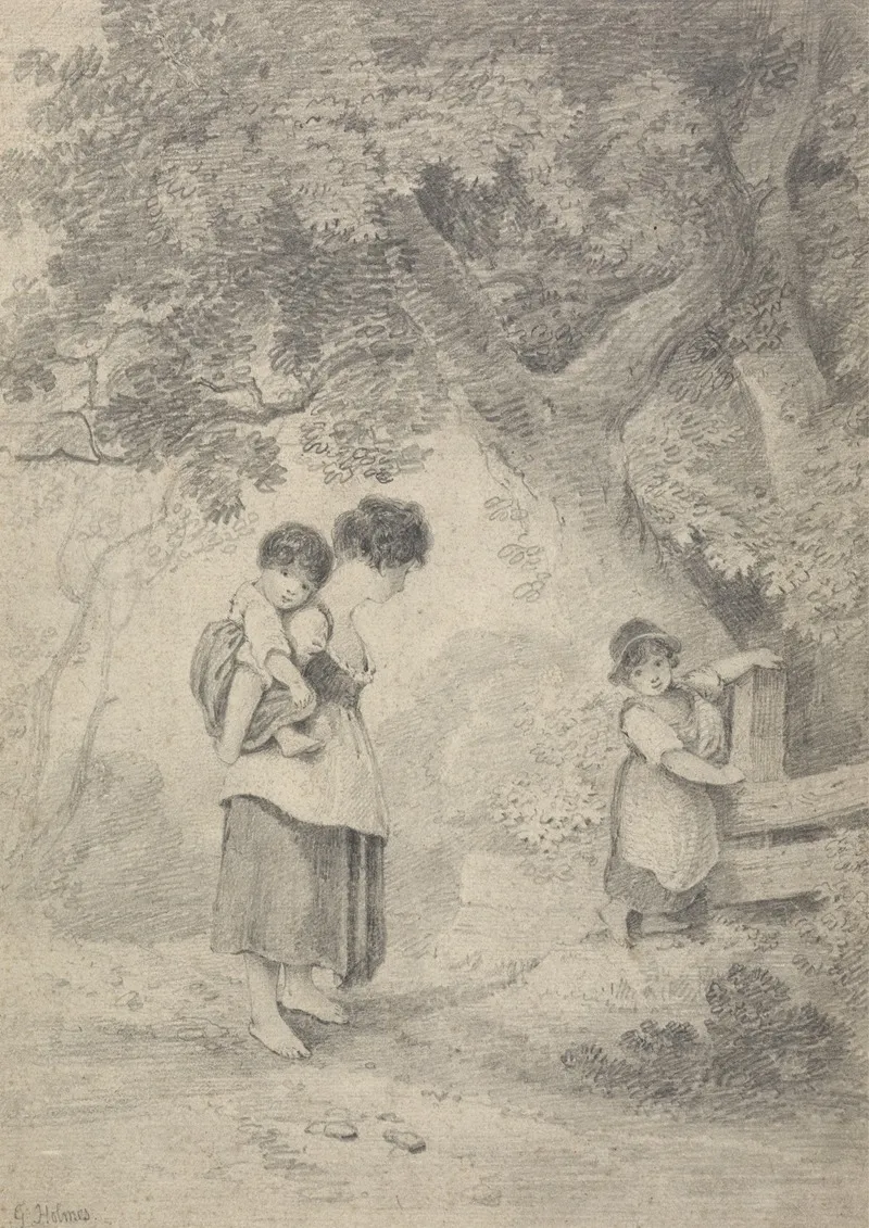 Study Of A Girl With Two Children At A Stile Wall Art by George Holmes - High-Resolution Digital Print