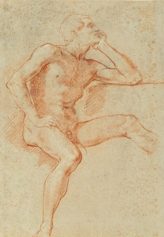 Study Of A Male Nude Seated Resting His Chin On His Left Hand Wall Art by Baldassarre Franceschini - High-Resolution Digital Print