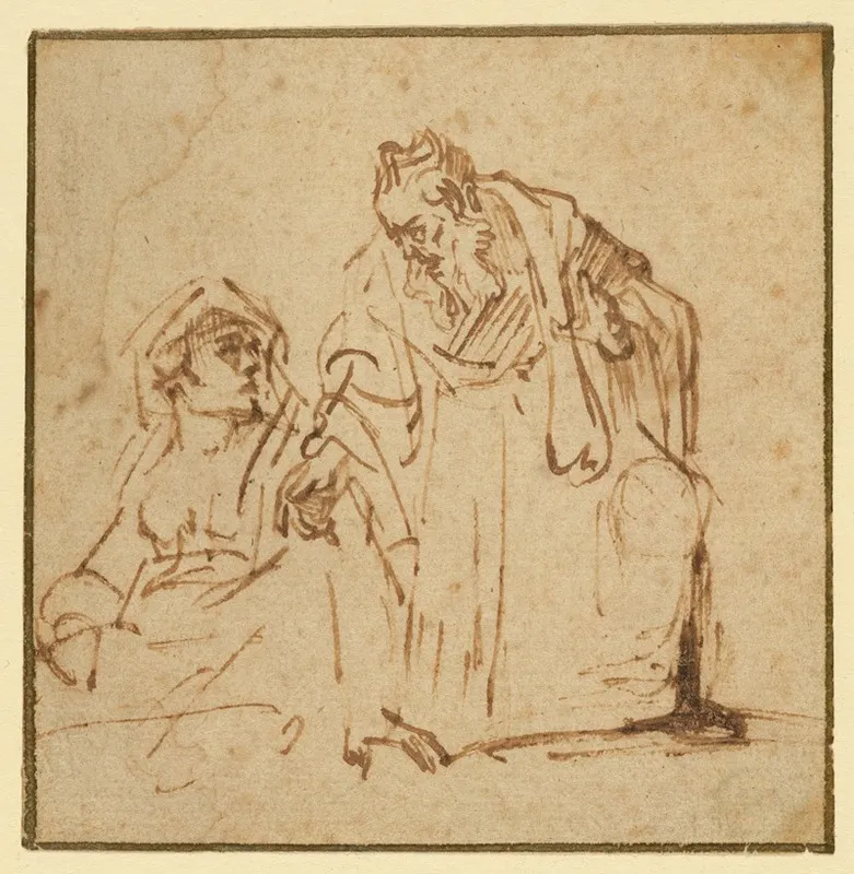 Study Of A Man Talking To A Woman Seated On The Left Wall Art by Rembrandt van Rijn - High-Resolution Digital Print