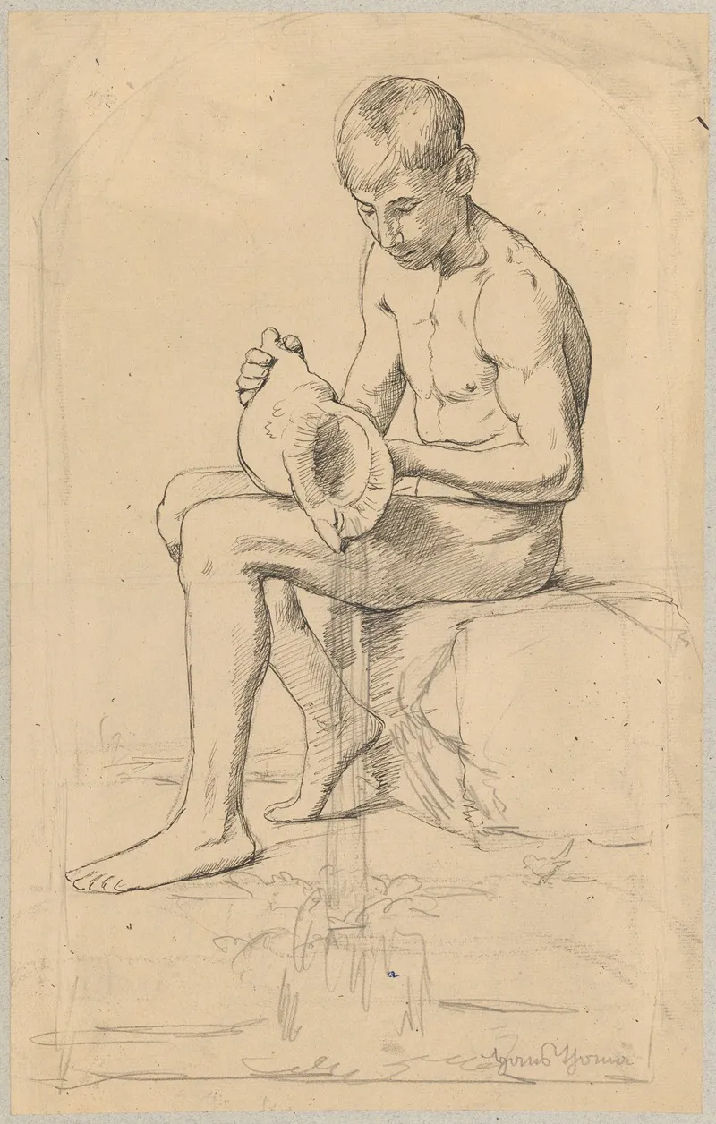 Study Of A Naked Boy Sitting On A Stone And Pouring Water Out Of A Shell