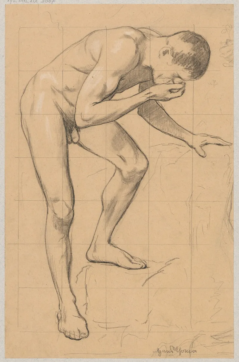 Study Of A Naked Man Leaning Over A Spring And Drinking Water Wall Art by Hans Thoma - High-Resolution Digital Print