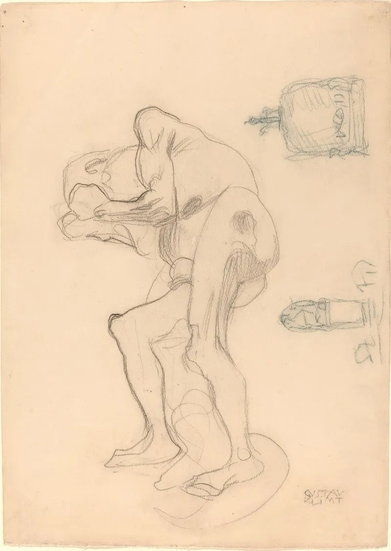 Study Of A Nude Old Woman Clenching Her Fists And Two Decorative Objects Wall Art by Gustav Klimt - High-Resolution Digital Print