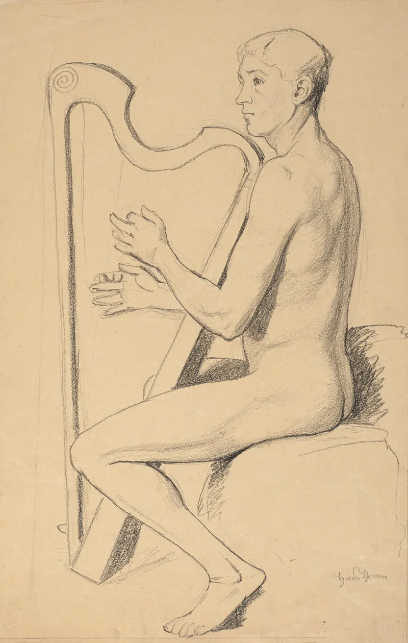 Study Of A Nude Young Man Playing The Harp Wall Art by Hans Thoma - High-Resolution Digital Print
