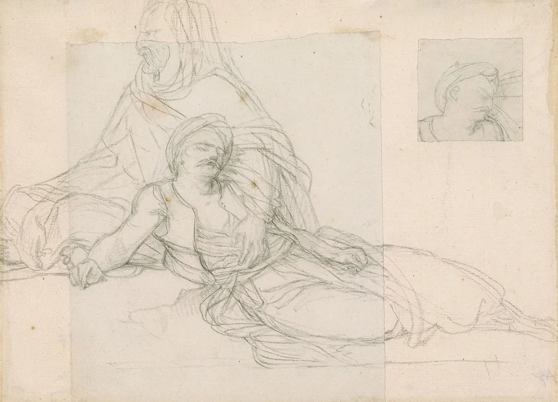 Study Of A Seated Egyptian Warrior And His Wounded Comrade For Napoleon Pardoning The Rebels At Cairo