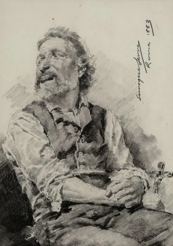 Study Of A Seated Man Holding A Crucifix Wall Art by Enrique Serra Auqué - High-Resolution Digital Print