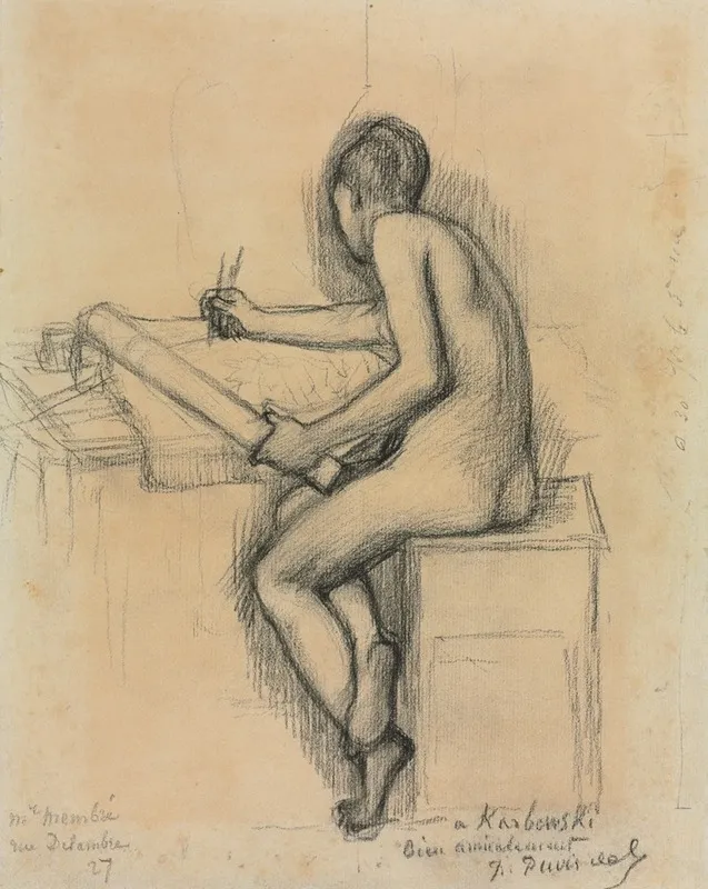 Study Of A Seated Nude Female Model Drawing Wall Art by Pierre Puvis de Chavannes - High-Resolution Digital Print