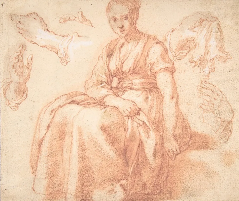 Study Of A Seated Woman And Five Studies Of Hands Wall Art by Abraham Bloemaert - High-Resolution Digital Print
