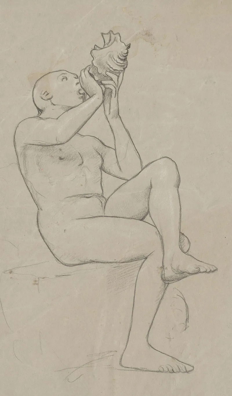 Study Of A Sitting Naked Man With His Legs Crossed Blowing A Shell Wall Art by Hans Thoma - High-Resolution Digital Print