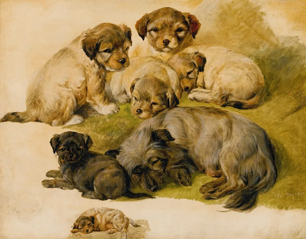Study Of A Terrier And Puppies Wall Art by Circle of Sir Edwin Henry Landseer - High-Resolution Digital Print