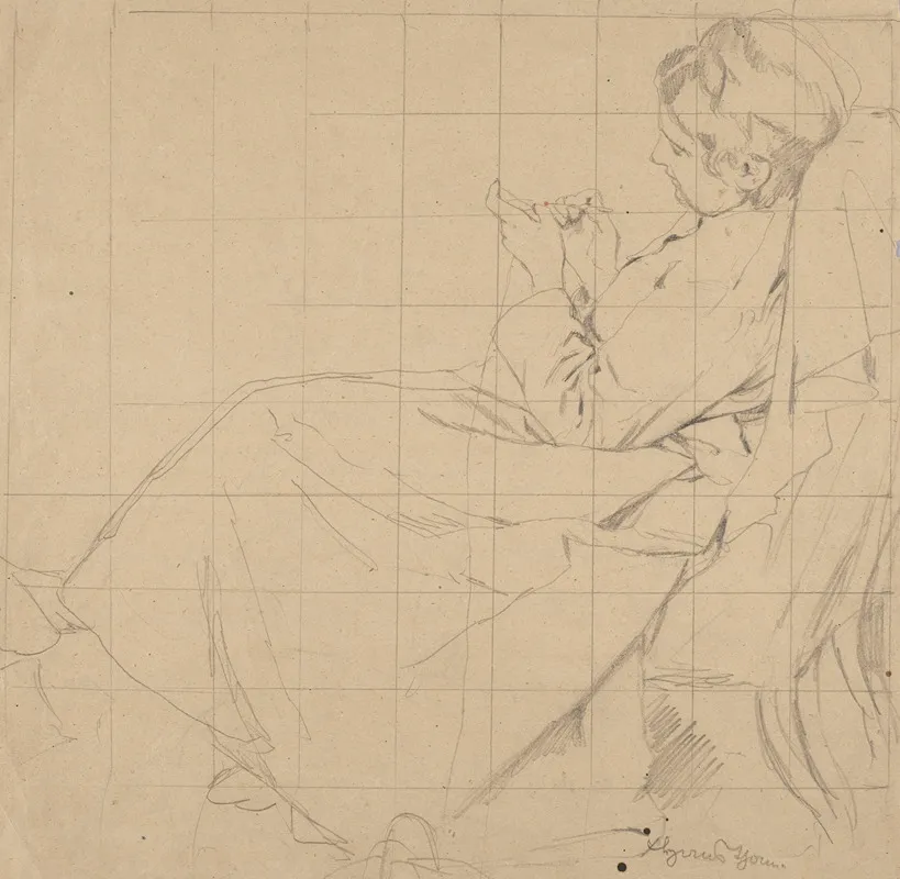 Study Of A Woman Knitting In An Armchair