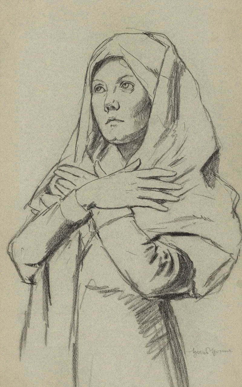 Study Of A Young Woman In A Long Shawl With Her Arms Crossed On Her Chest Wall Art by Hans Thoma - High-Resolution Digital Print