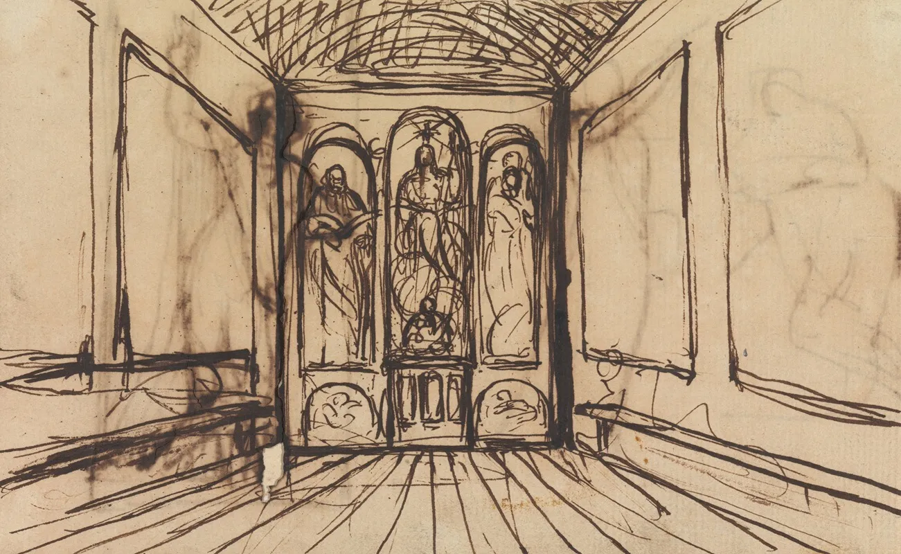 Study Of An Interior Room With Religious Images On The Wall Panels